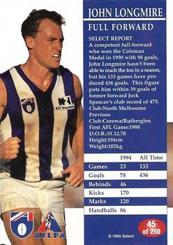 1995 Select AFL #45 John Longmire Back